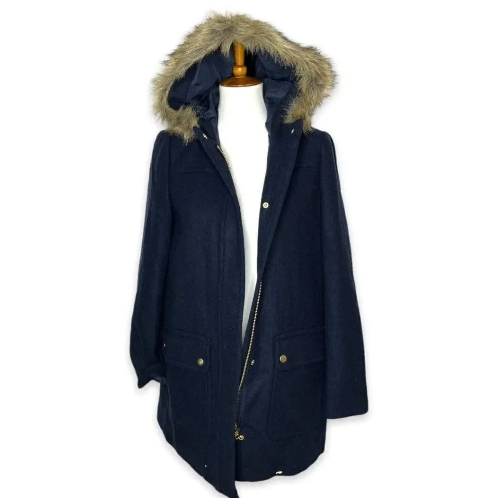 J. Crew Mercantile Faux Fur Hooded Wool Vail Parka Jacket Navy Blue Size 8 - Picture 6 of 9